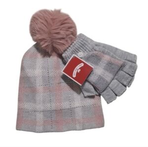 Womens Pink Grey White Plaid Beanie Gemstone Fingerless Gloves Beanie Hat Set